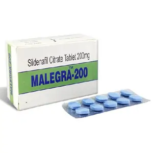 Malegra 200 mg tablets in blister packaging, used for treating erectile dysfunction.