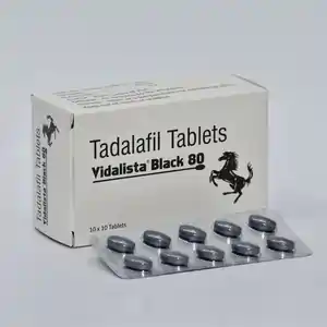 Tadalafil Black 80 mg tablets in sleek packaging, used for treating erectile dysfunction.